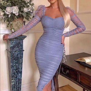FASHION NOVA GLITTERY MESH MIDI DRESS IN BLUE